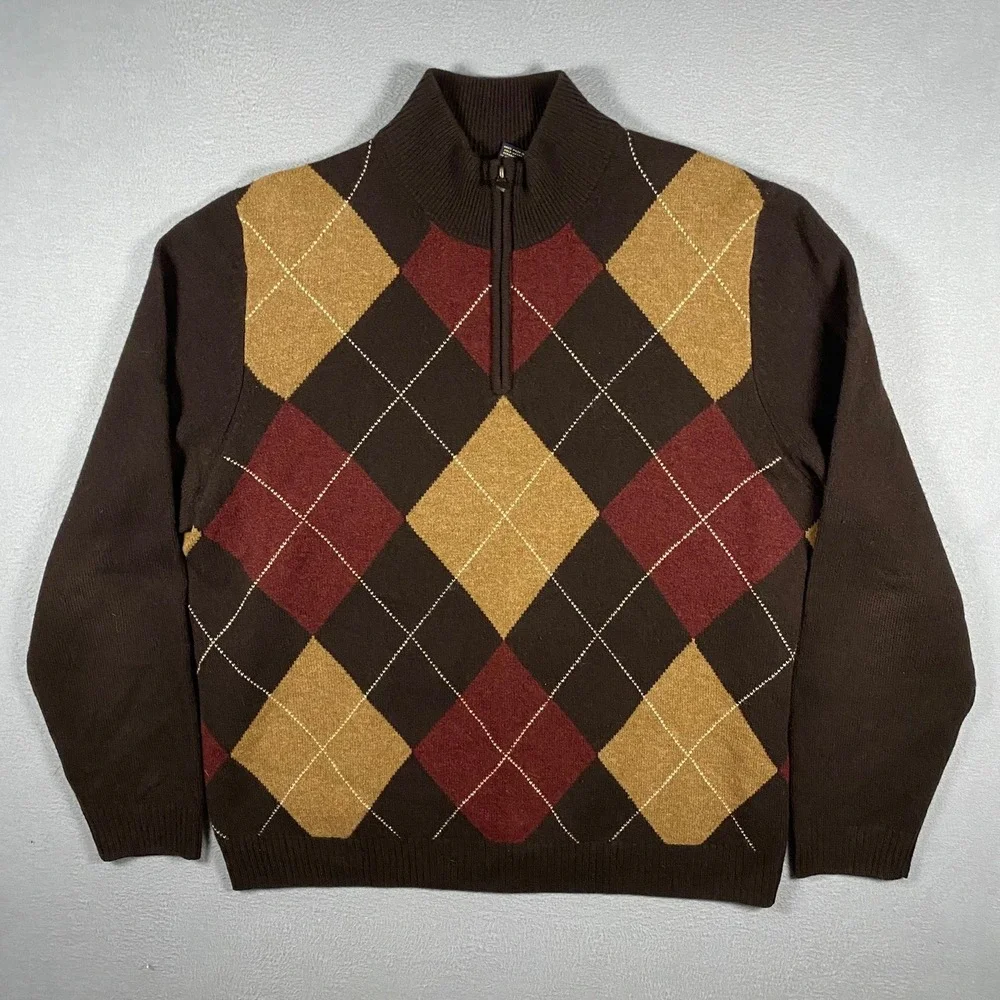 Brooks‎ Brothers 346 Mens XL Scottish Lambswool Argyle Quarter Zip Sweater Brown